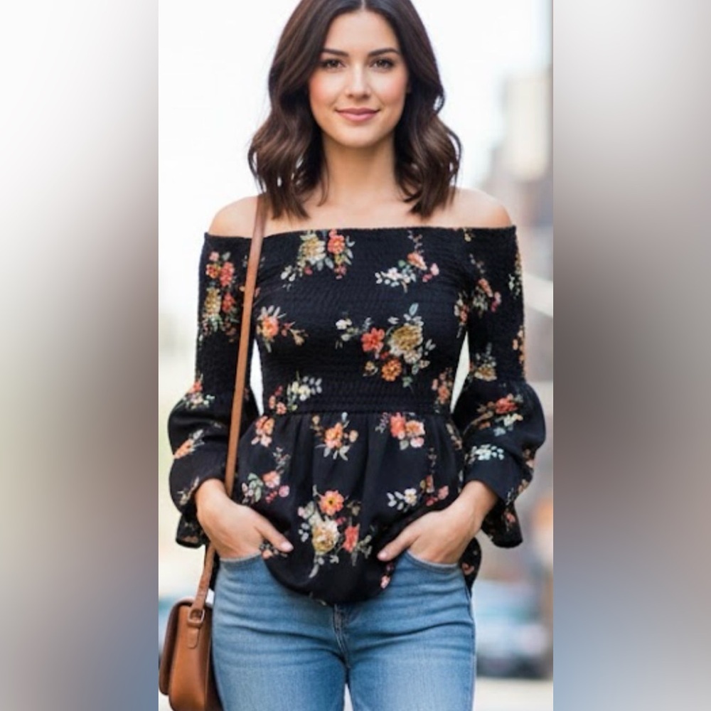Rue21 Shirt Black w flowers off shoulder Top  XS
